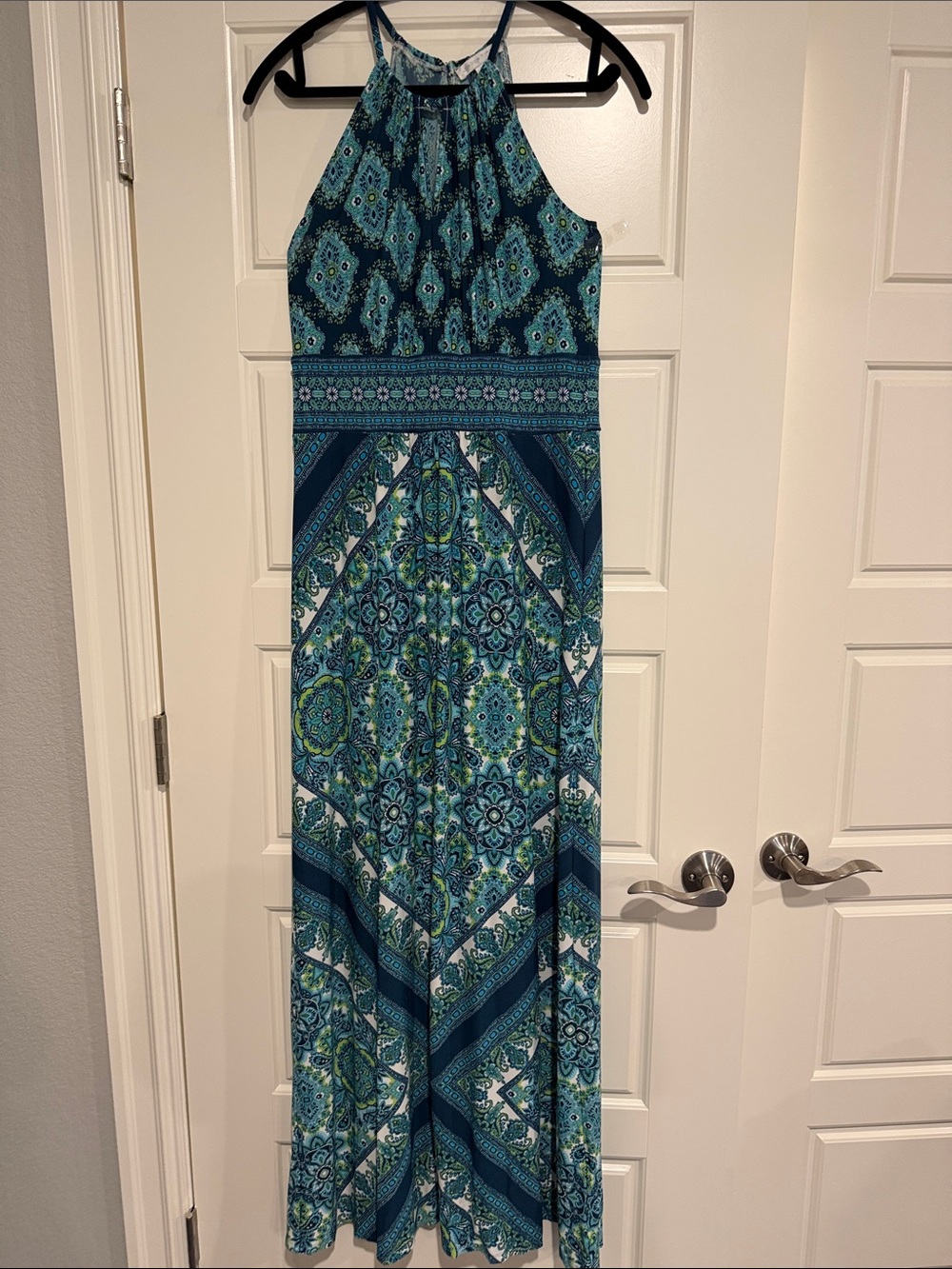 London Times Teal and Navy Paisley Halter Maxi Dress